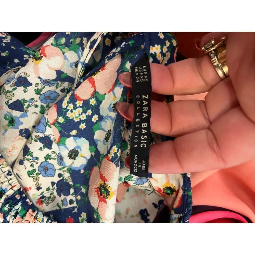 Zara Blue Floral Patchwork Cold Shoulder Boho Festival Dress sz XS EUC